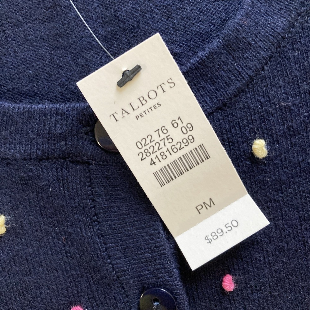 Talbots Charming Polkadot Cardigan Sz PM New Navy Embroidered Colorful - Picture 8 of 8